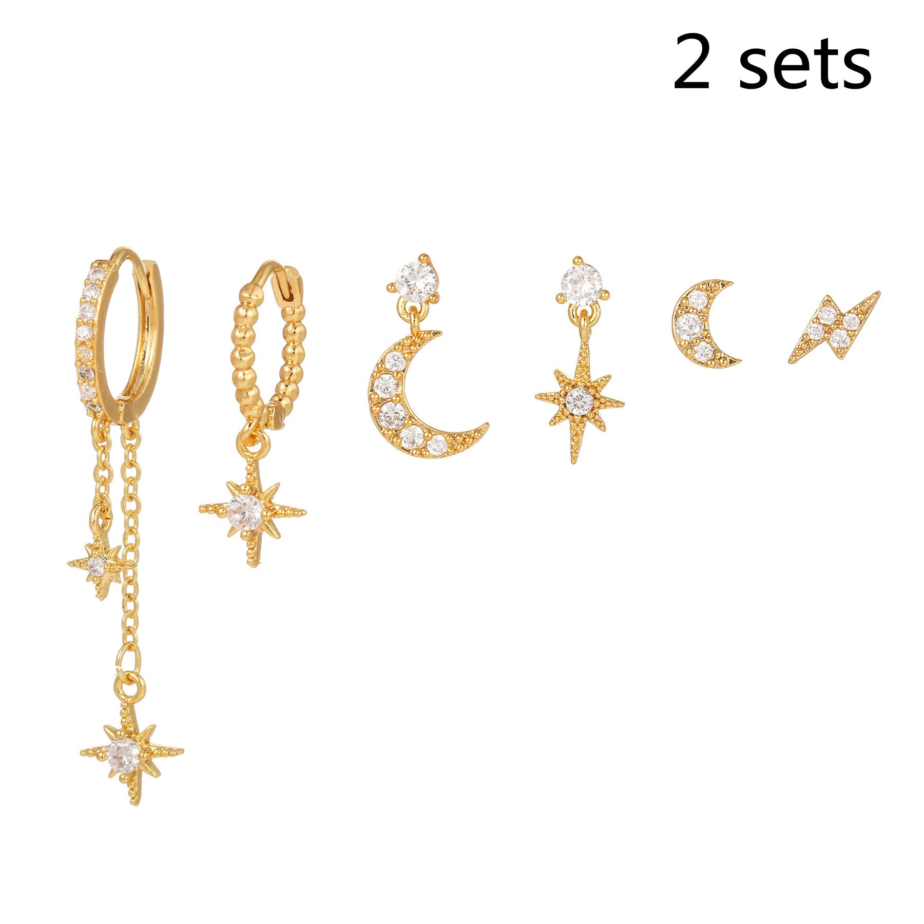 Set de 6 pendientes asimétricos con diseño de estrella y luna
