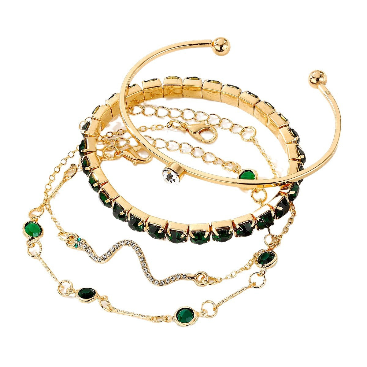 Set de 4 pulseras elásticas de alta moda con brillantes verde esmeralda